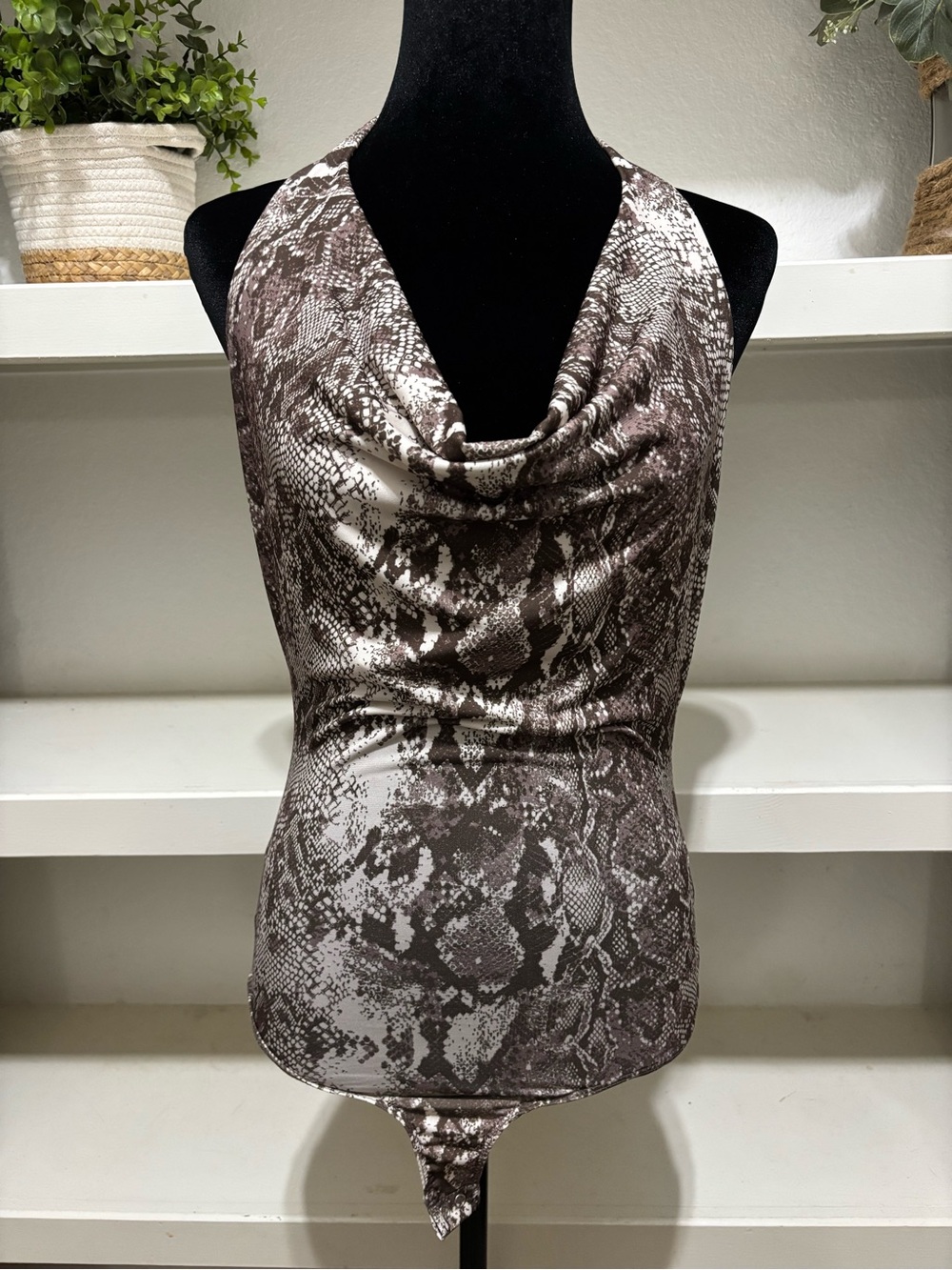 stradivarius Brown Snake-Print Cowl Neck Bodysuit